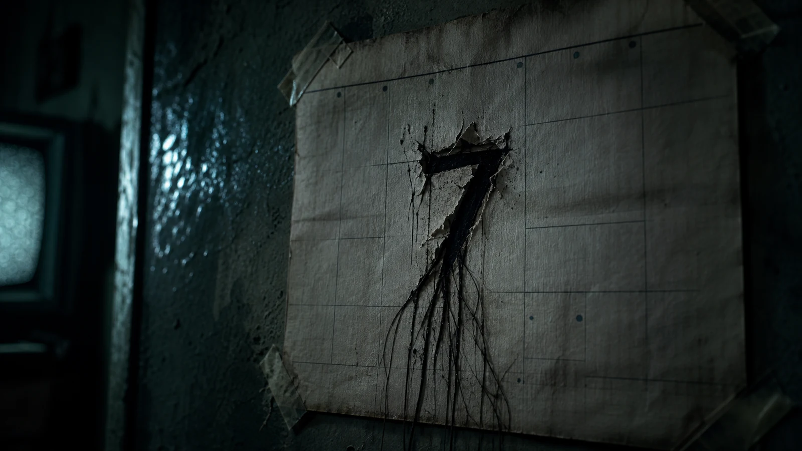 A torn paper calendar shows a black number seven scratched into the page beside a glowing television.