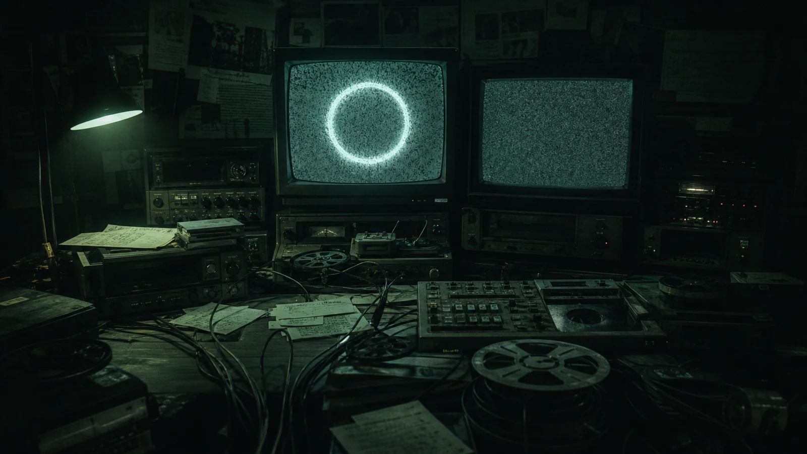 A dark analog editing bay shows a glowing ring on one CRT monitor and static on another.