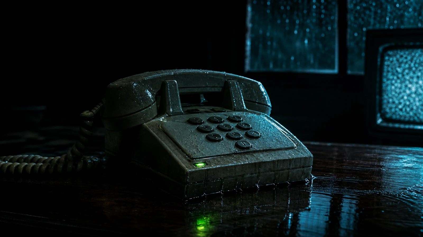 A wet landline phone glows with a green indicator light beside a CRT television in a dark room.