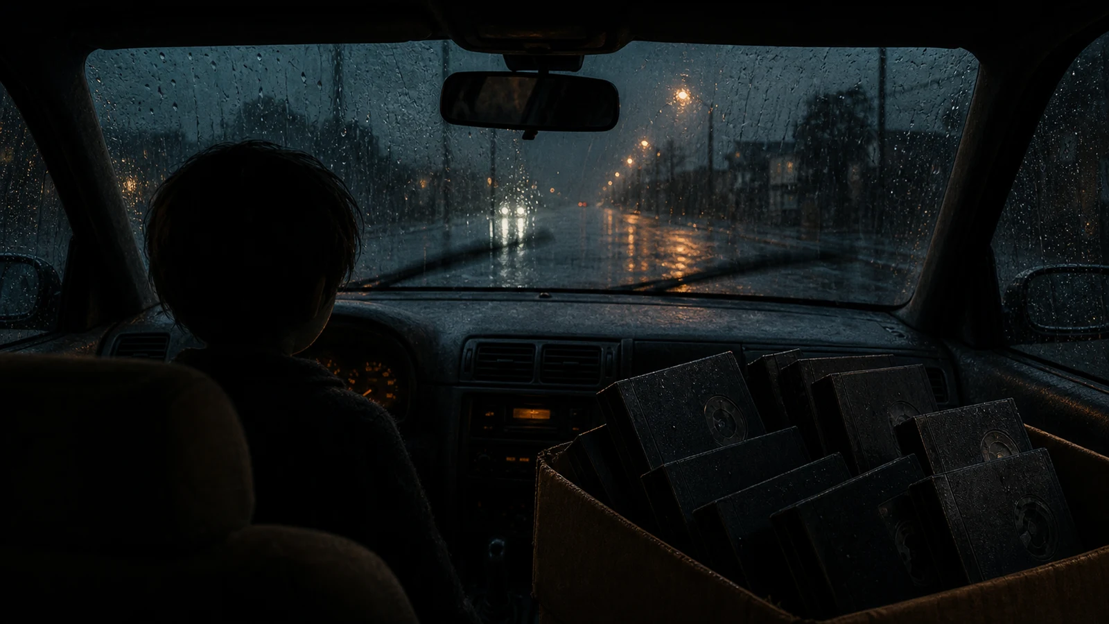 A rain-soaked car interior shows a silent passenger silhouette beside a box of unmarked VHS tapes.