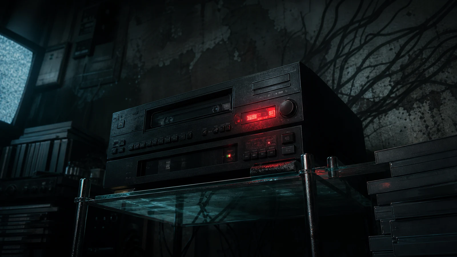 A black VCR glows with a red recording light on a glass shelf in a dark analog media room.