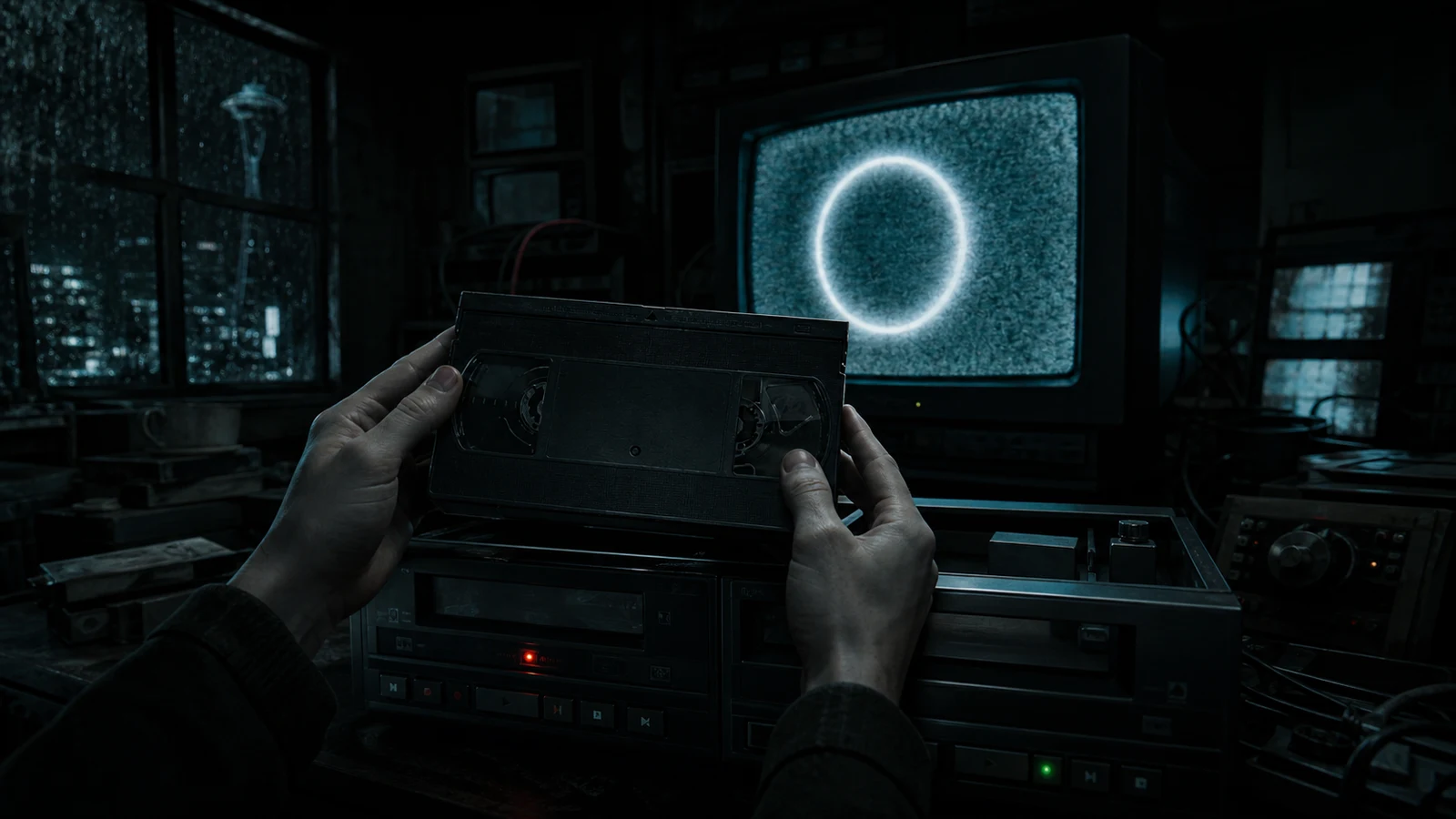 Hands hold an unmarked VHS tape in front of a glowing ring on a CRT television.