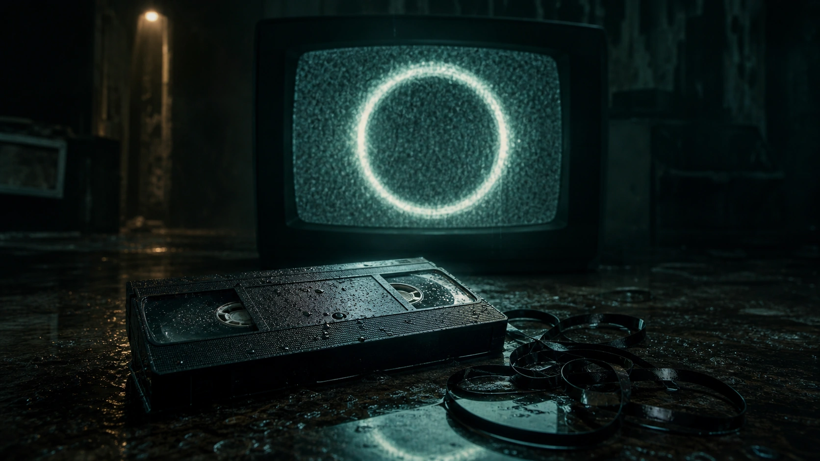 A black VHS cassette lies on a wet floor before an old CRT television glowing with a pale static ring.