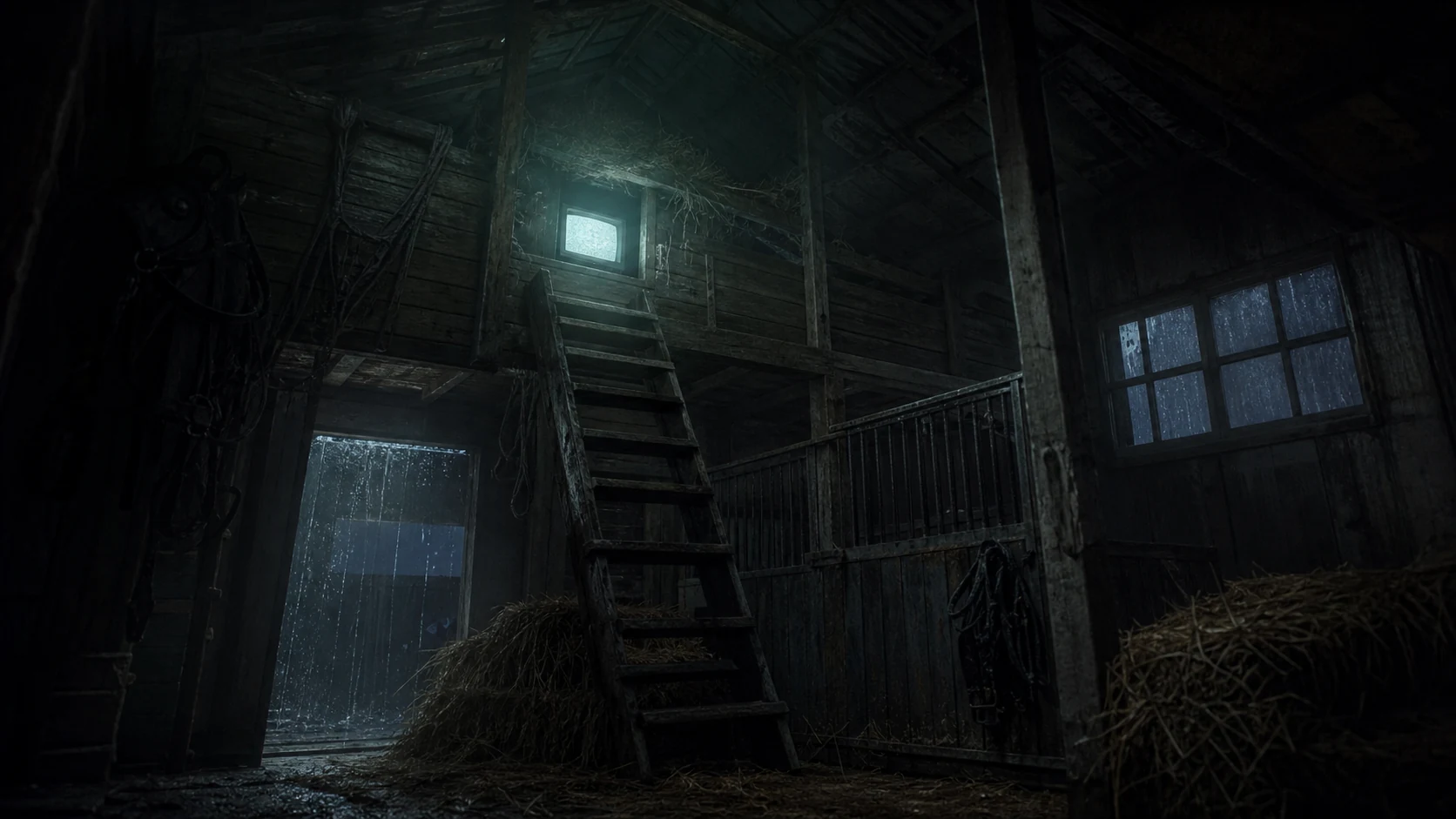 A steep wooden ladder rises into a dark horse barn loft lit by a cold cyan television glow.