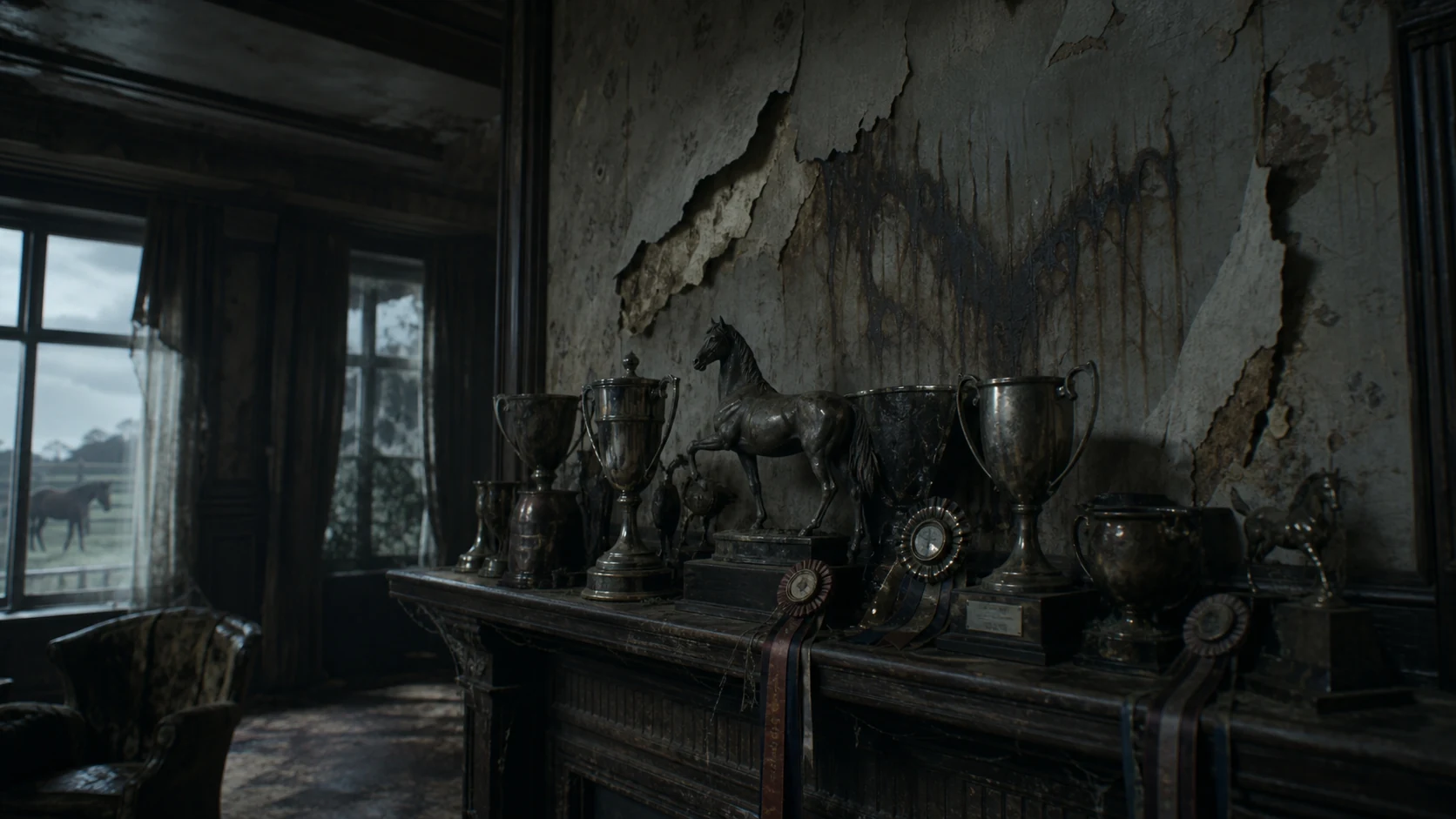 Dusty horse-breeding trophies sit on a mantel inside a neglected coastal estate with cracked walls.