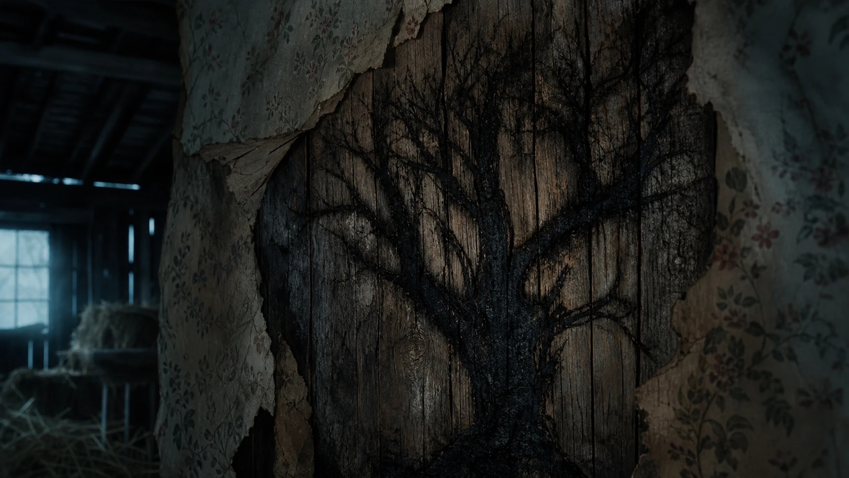 Torn wallpaper in a dark barn loft reveals the black silhouette of a tree burned into the wooden wall.