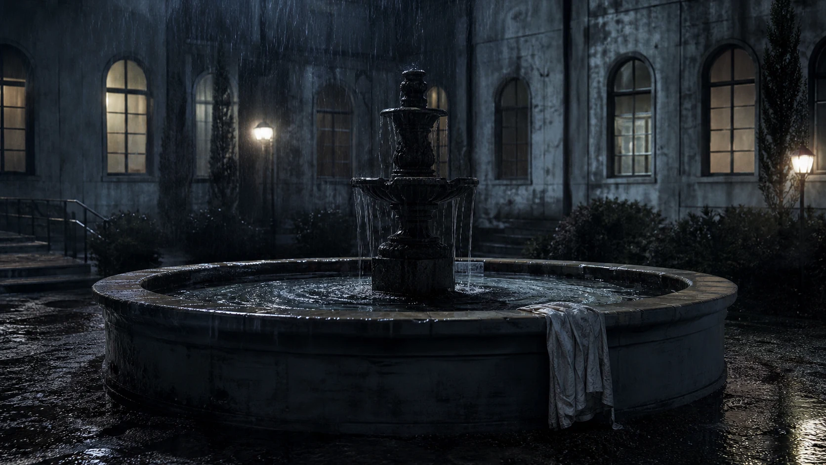 A rain-soaked hospital courtyard fountain sits beneath gothic windows with a white blanket caught on the stone basin.
