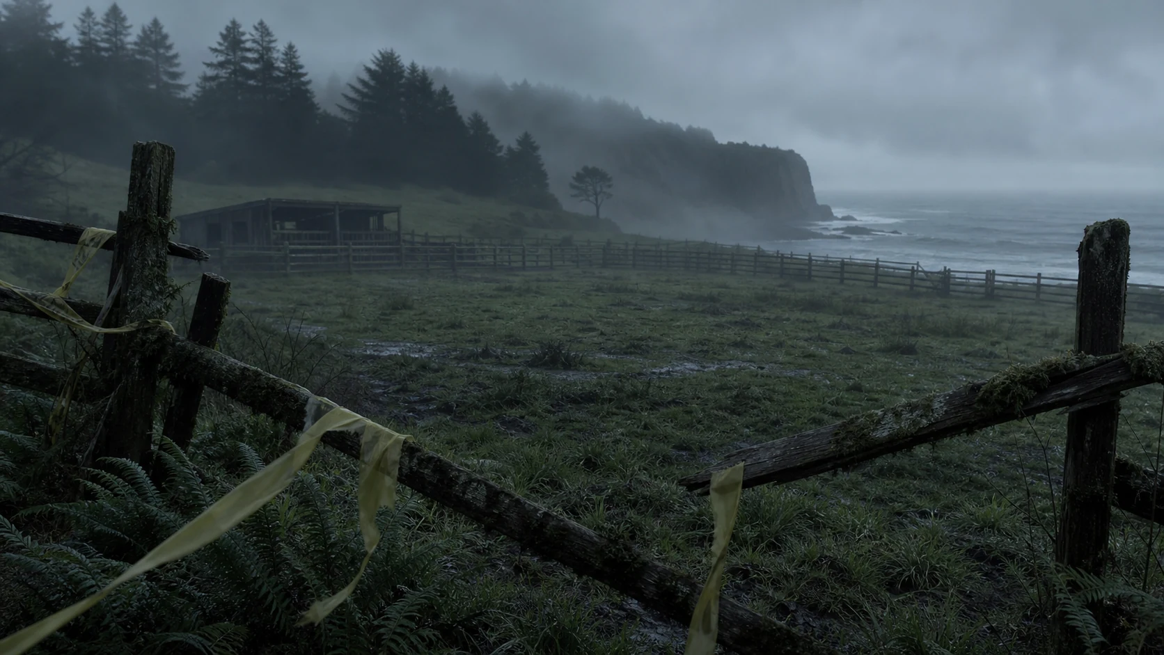 A foggy abandoned island horse paddock with broken fences looks toward distant cliffs and a cold gray sea.