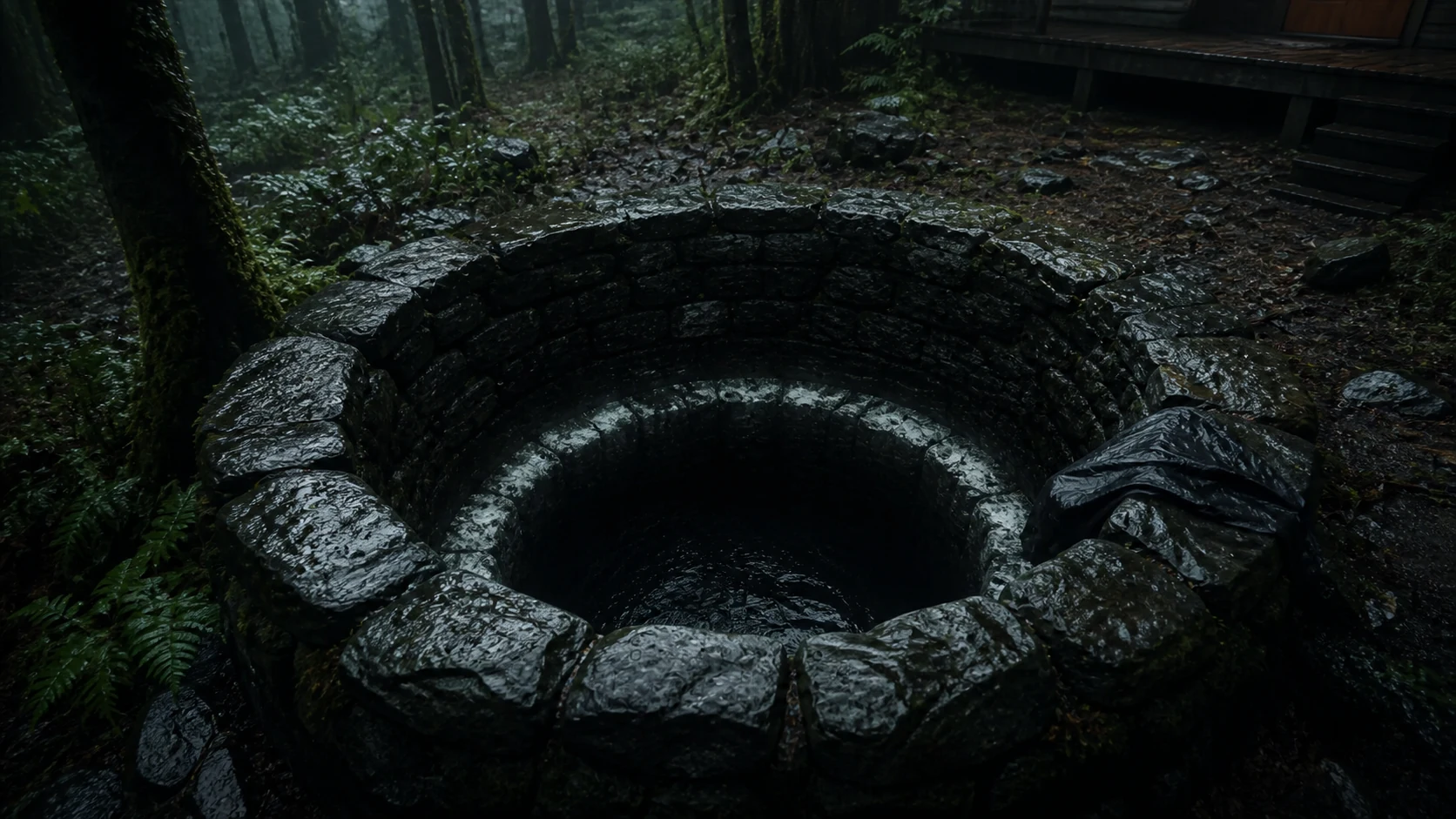 A deep circular stone well opens in a wet forest clearing beside dark water and cold green ferns.