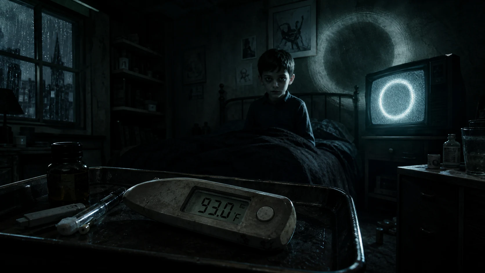 A digital thermometer reading 93.0 F sits before a pale boy and a glowing CRT television in a dark bedroom.