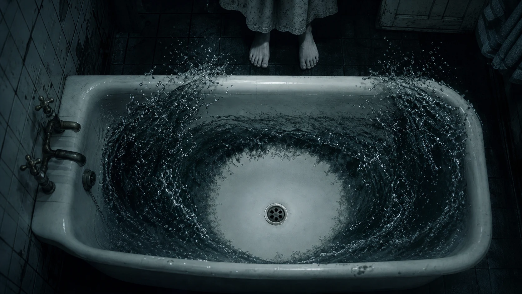 Water splits away from the center of an old white bathtub beneath a pair of small dry feet at the rim.