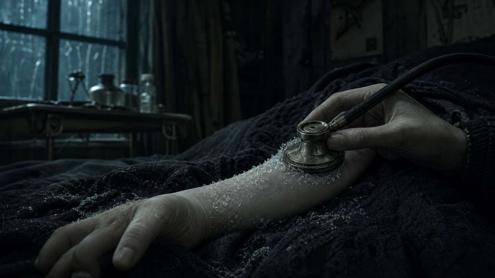A metal stethoscope rests on a pale arm as frost-like condensation gathers in a dark bedroom.