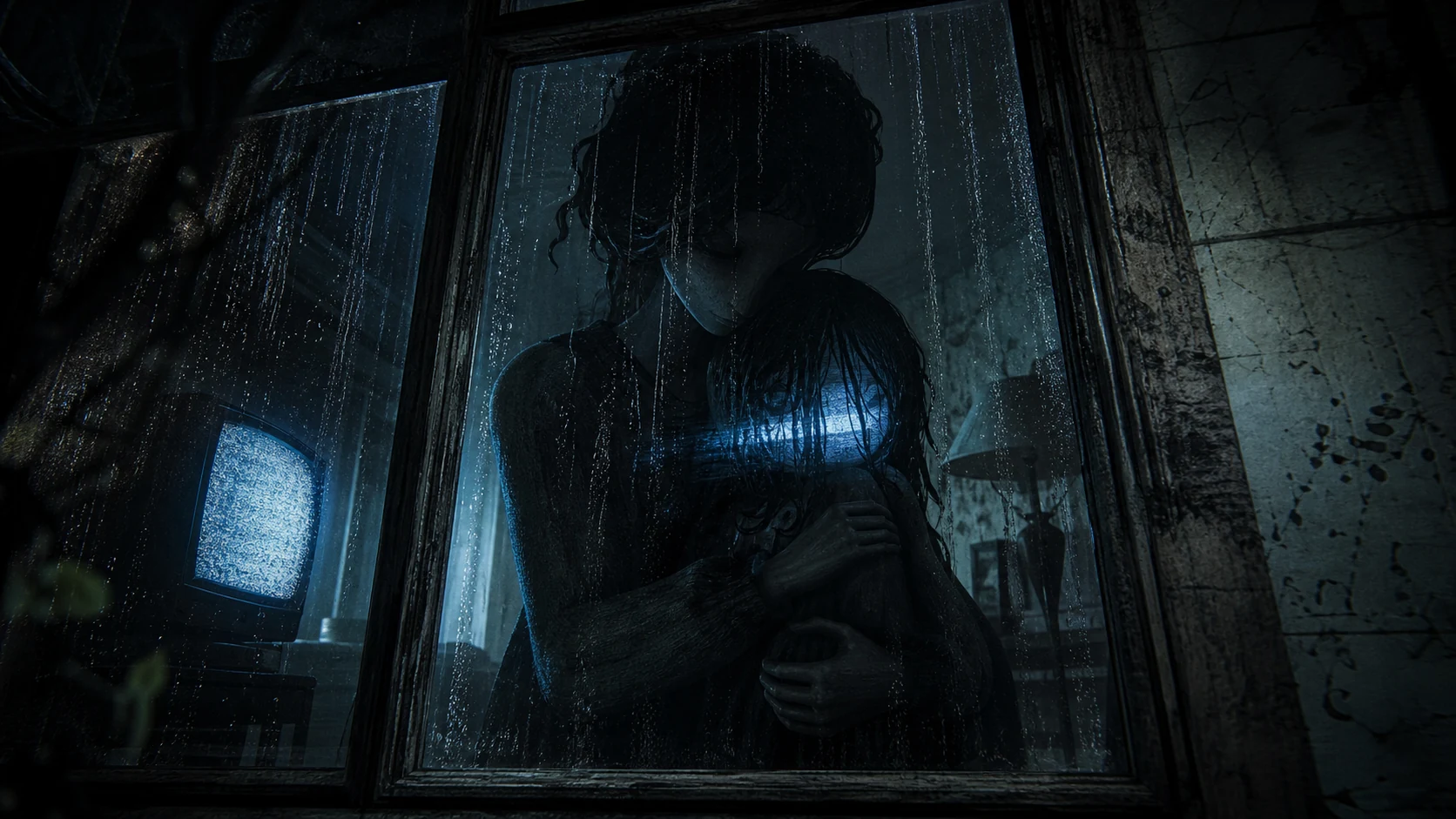 A mother holds a small child behind rain-streaked glass while blue television static crosses the child's face.