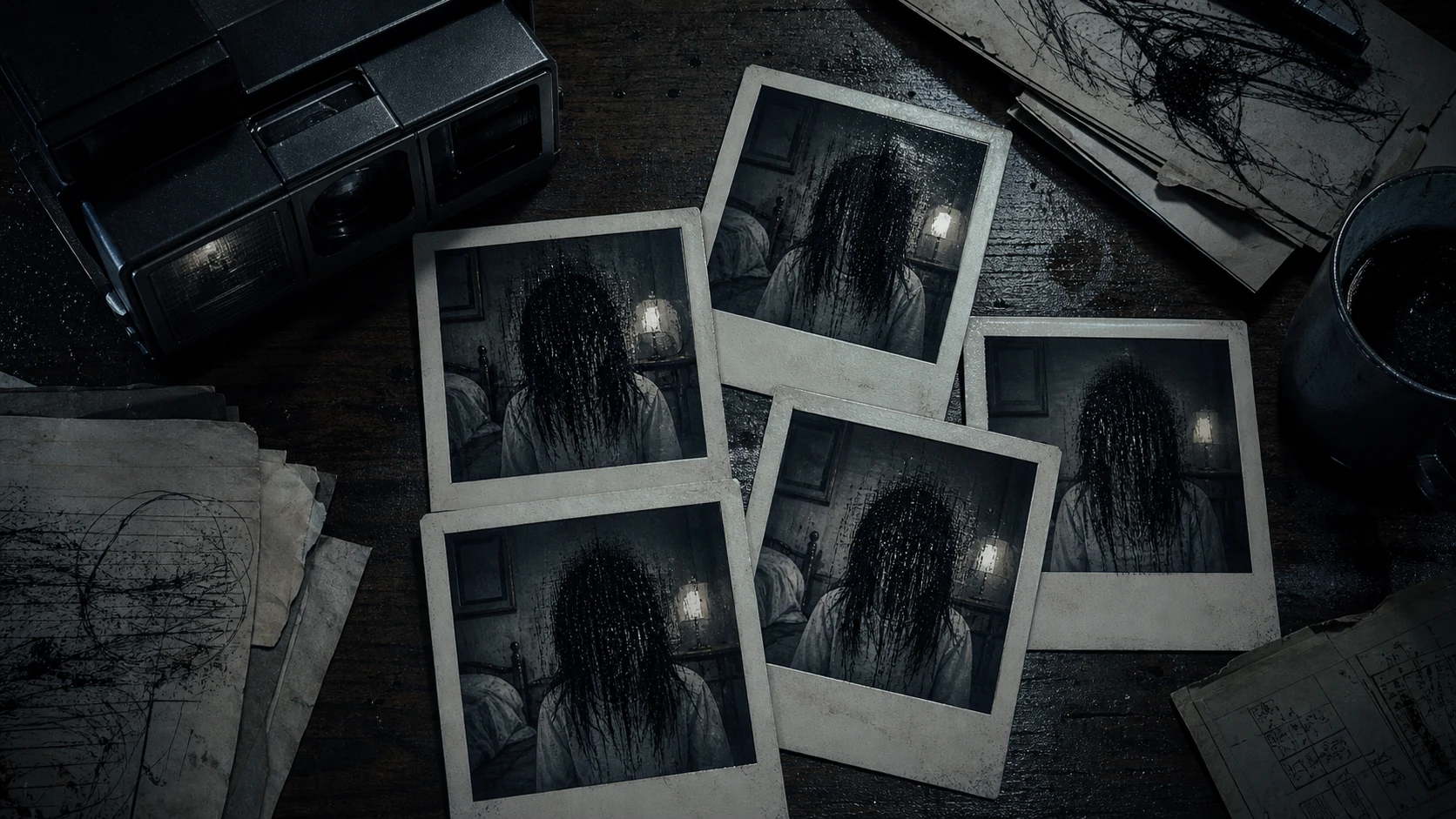 Instant photographs on a dark table show a childlike figure whose face is obscured by black wet-hair patterns.