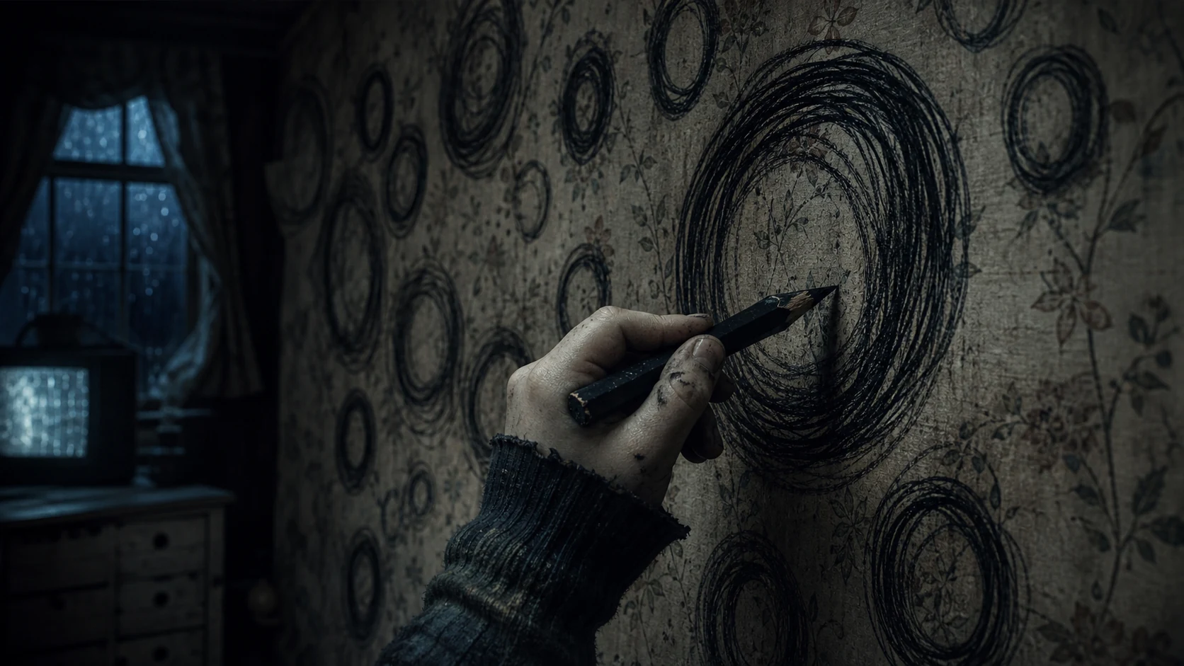 A small hand draws repeated black ring shapes across faded wallpaper in a dim bedroom.