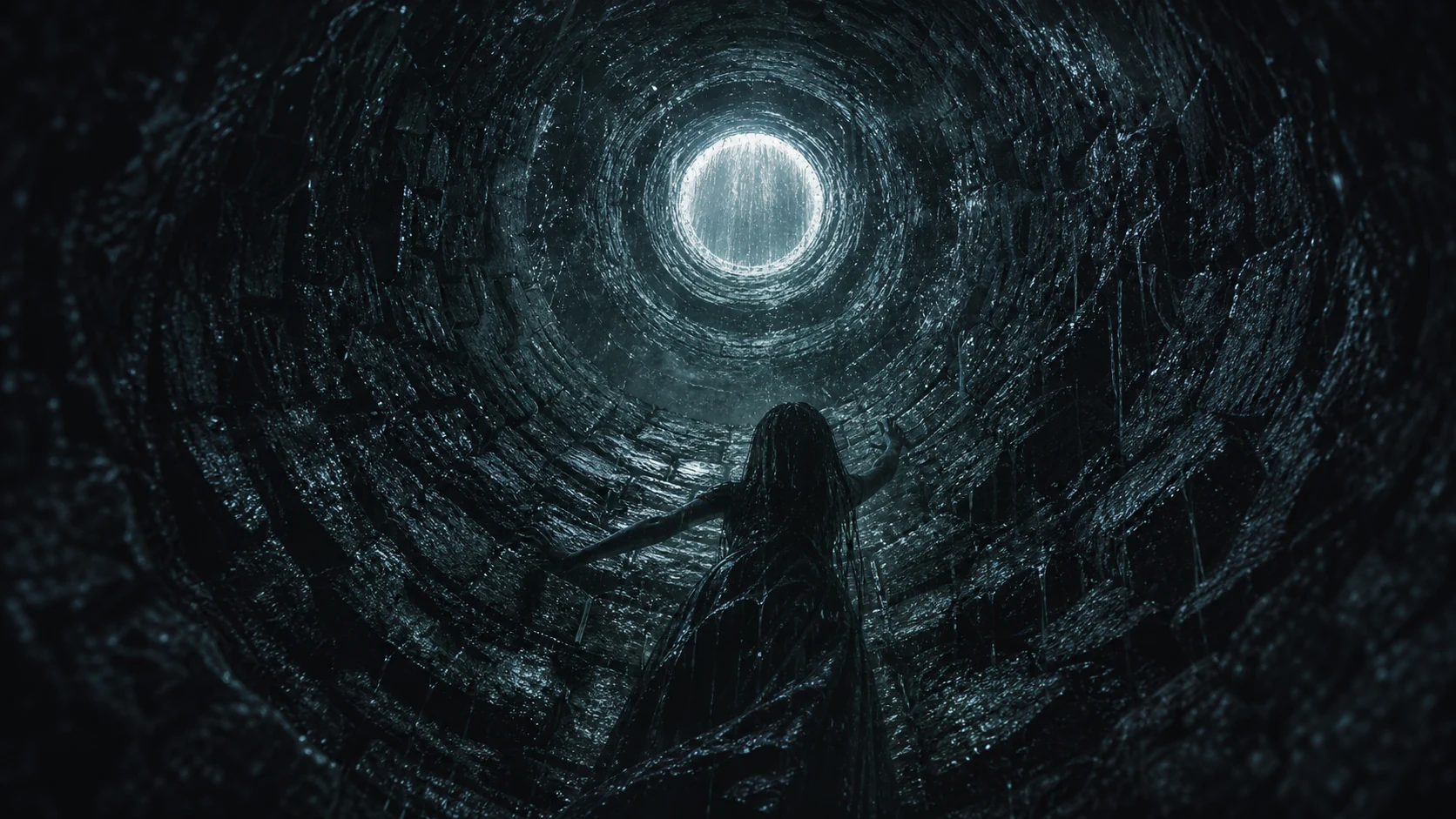 A deep stone well rises toward a pale circular opening of light above black water and wet walls.