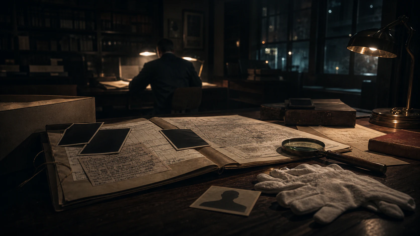 Modern researcher studies the century-old unresolved Axeman case in a dark archival reading room