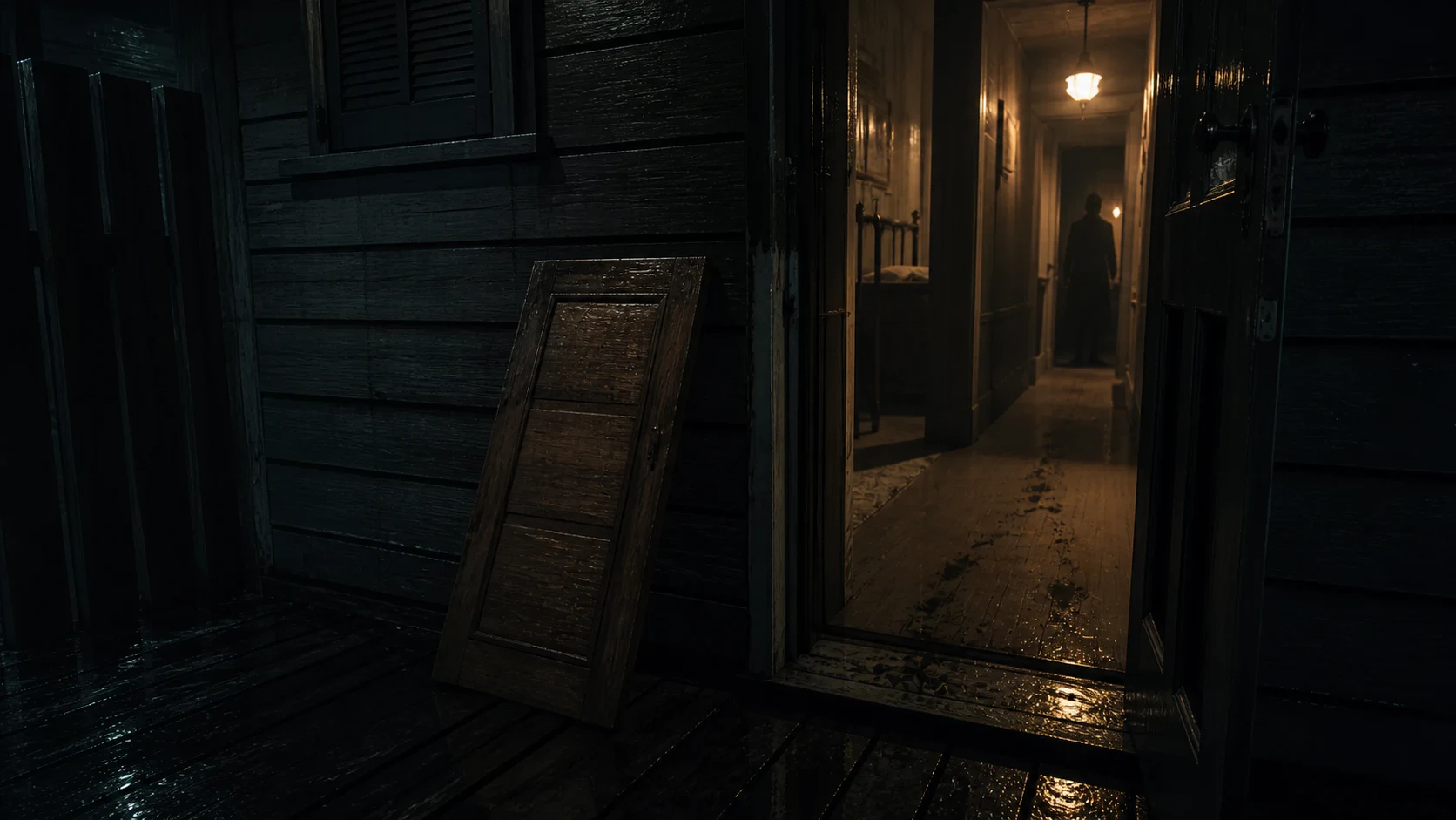 Rain-darkened New Orleans home with a removed door panel, wet footprints, and an unidentified figure in the hallway