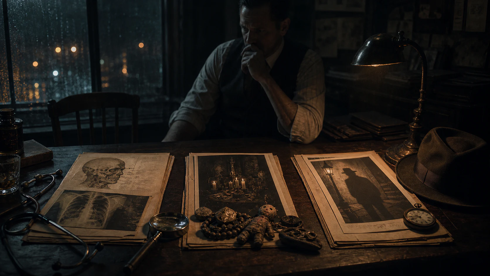 Detective considers medical, ritual, and supernatural theories arranged as uncertain possibilities