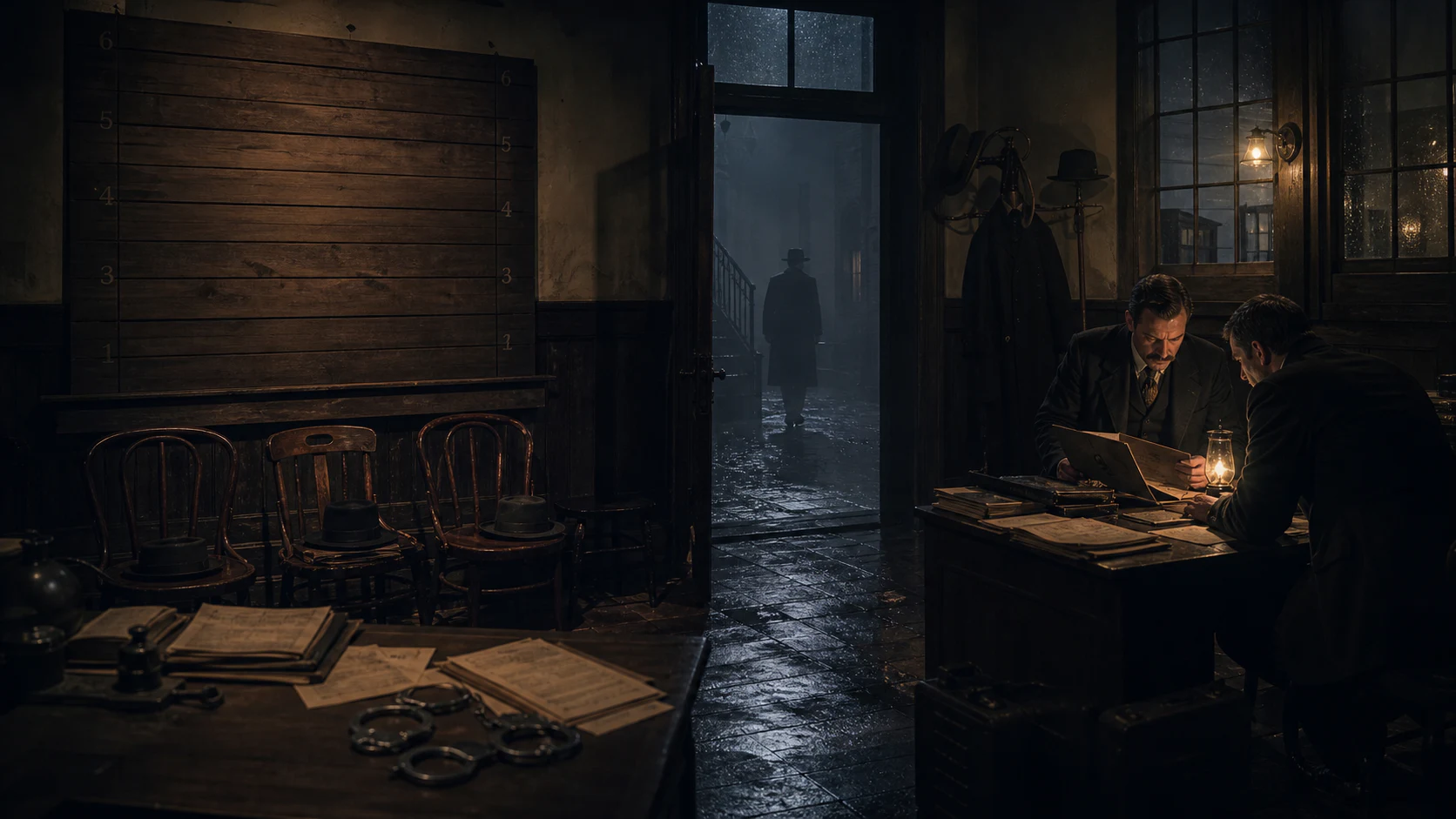 Empty police lineup and questioning room as an unidentified figure disappears into fog