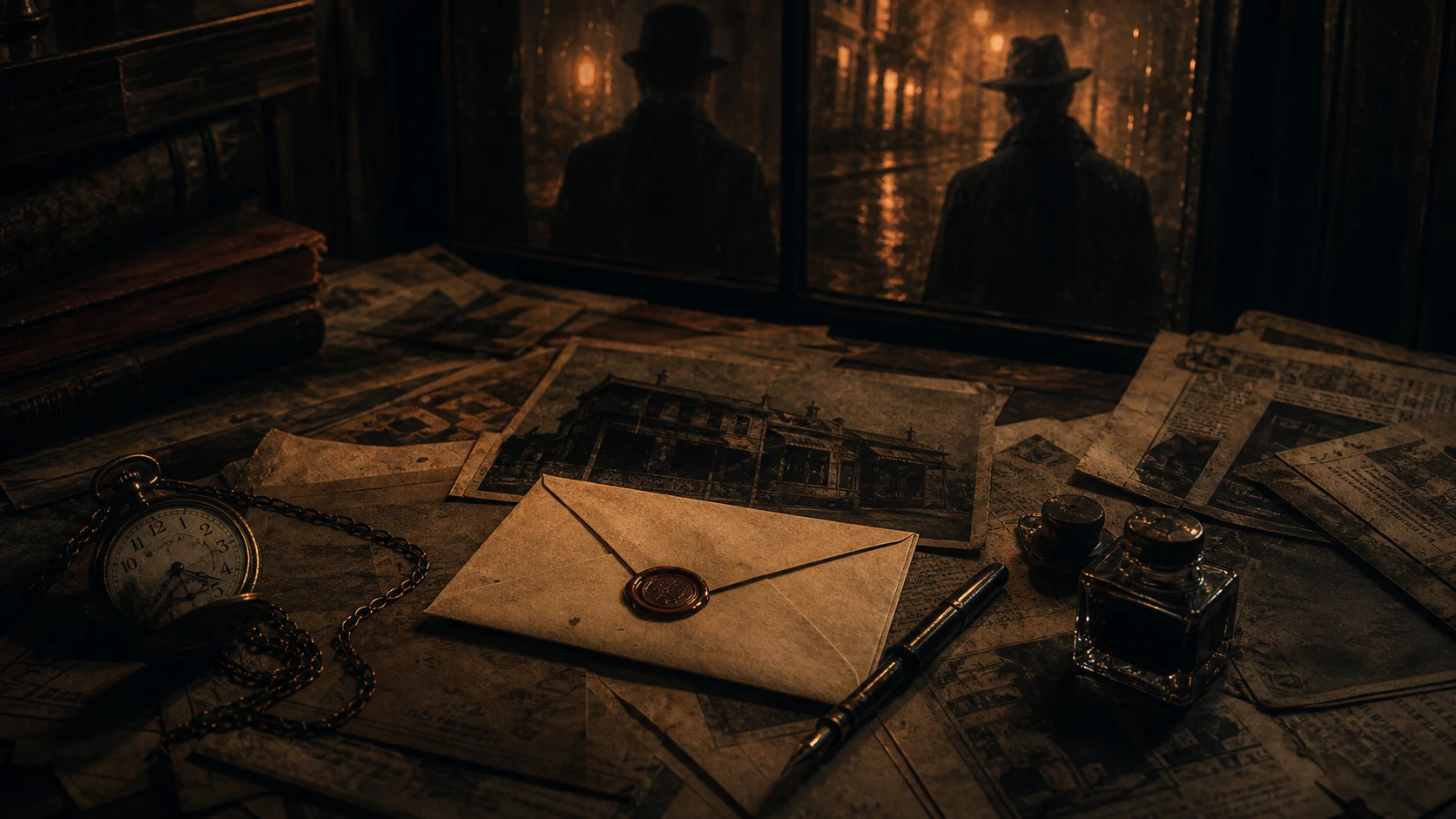 Sealed anonymous letter, fountain pen, pocket watch, and old crime clippings under ominous lamplight