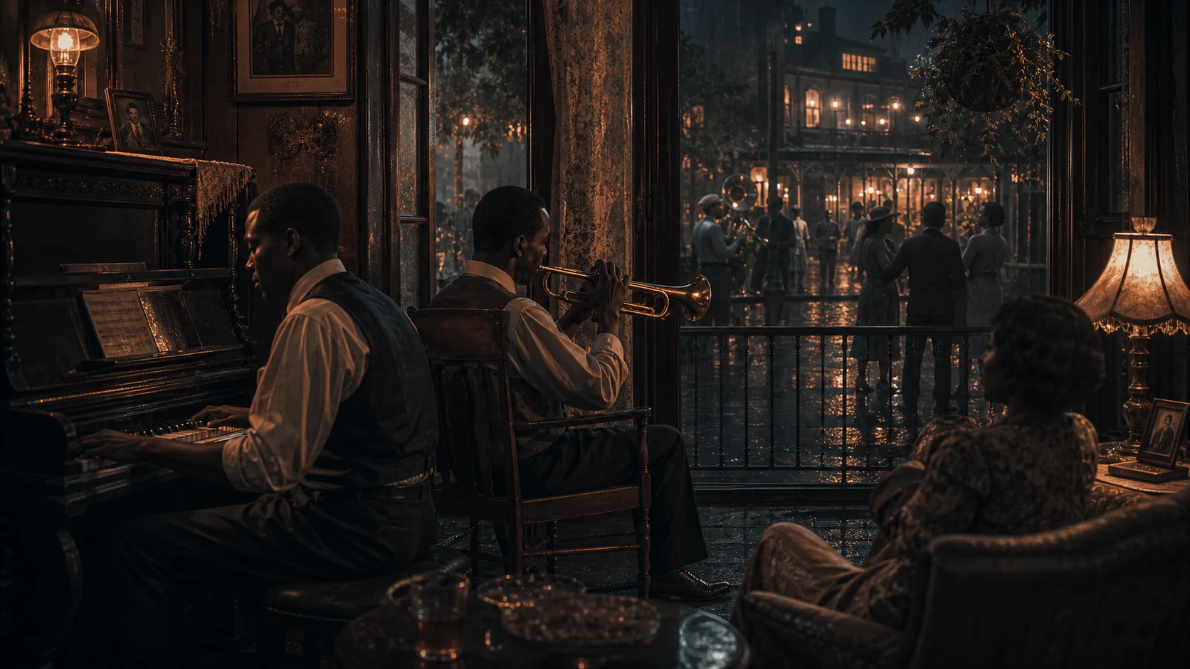 Jazz musicians play inside a New Orleans parlor while music fills the rainy street outside