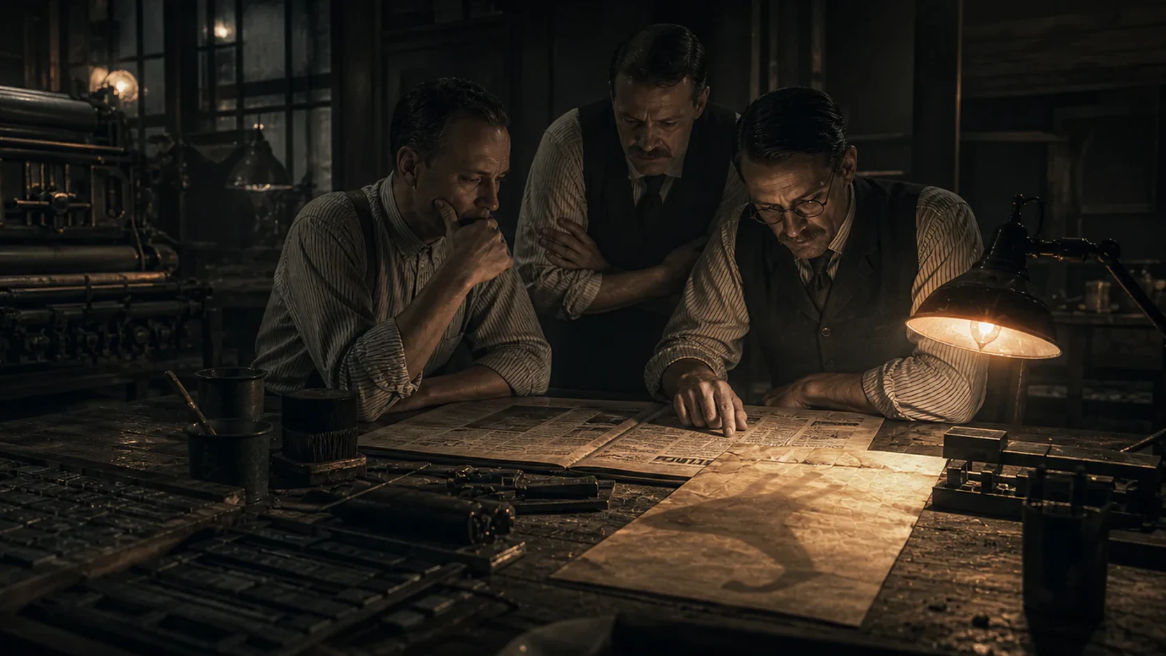Newspaper editors study an anonymous letter beside a 1919 printing press