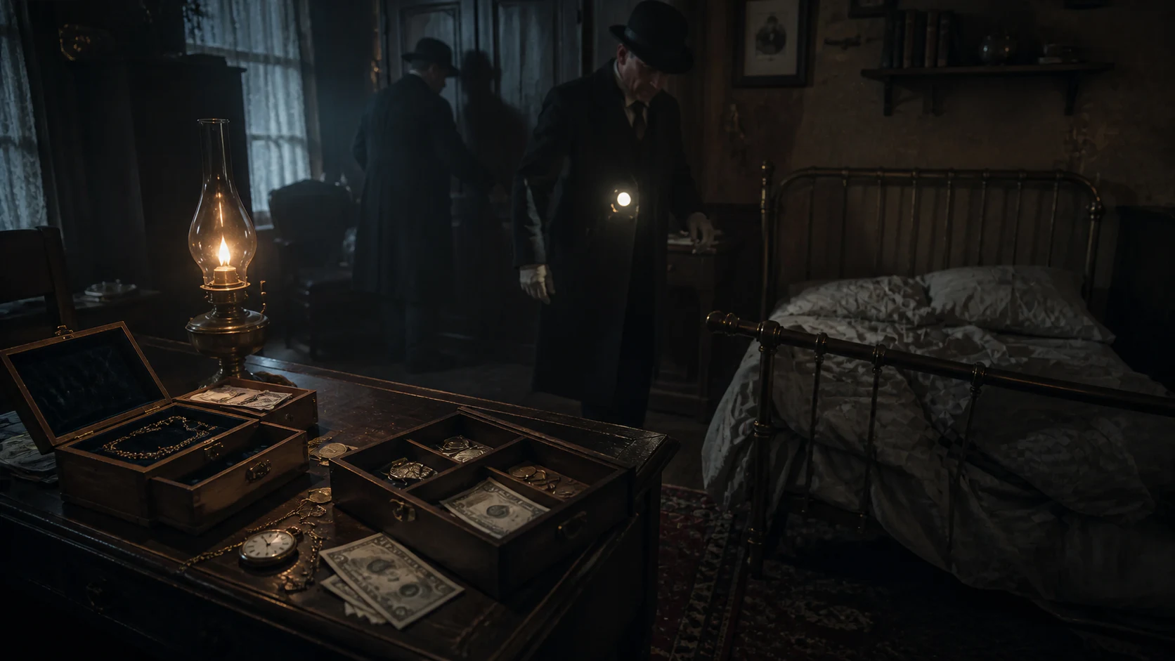 Investigators examine a period room where cash, jewelry, and a pocket watch remain untouched