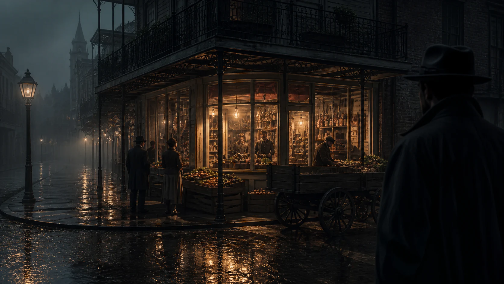 Early twentieth-century Italian-American corner grocery glowing on a rain-slick New Orleans street