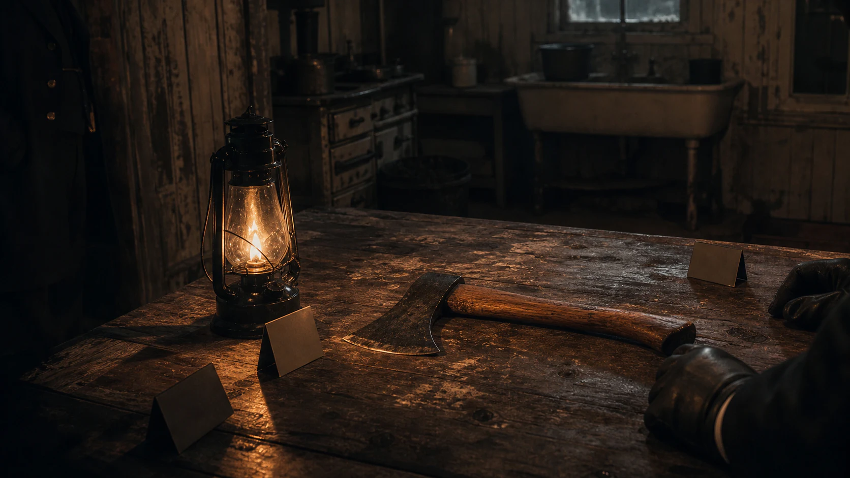 Household axe examined on a period kitchen table under a kerosene lamp