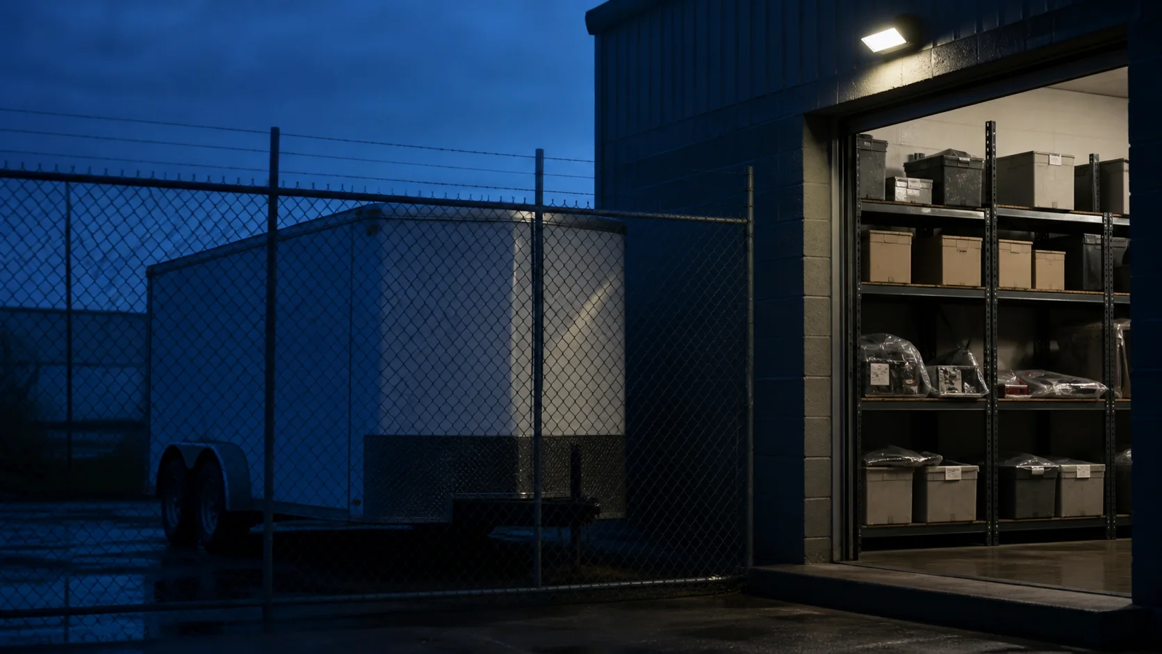 Sealed utility trailer behind an evidence-yard fence beside archive shelving
