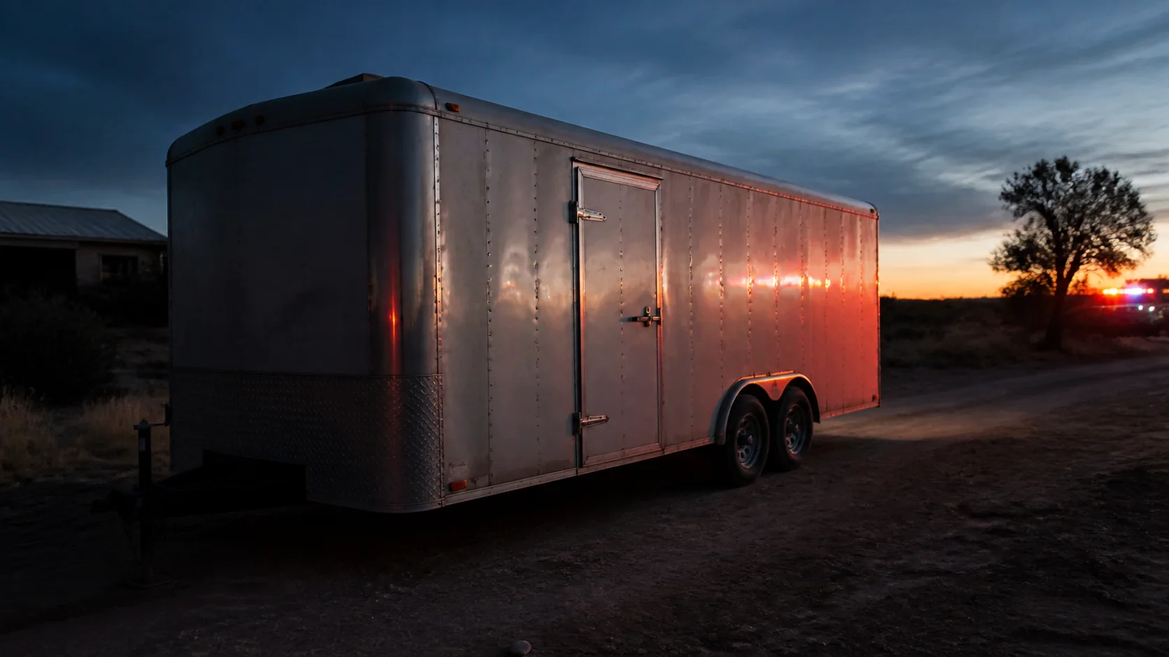 Closed utility trailer outside a remote New Mexico residence at dusk