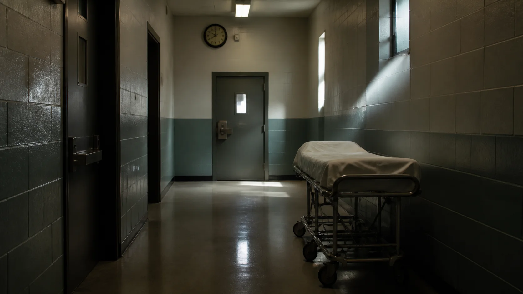 Quiet institutional corridor with a closed cell door, empty stretcher, and wall clock