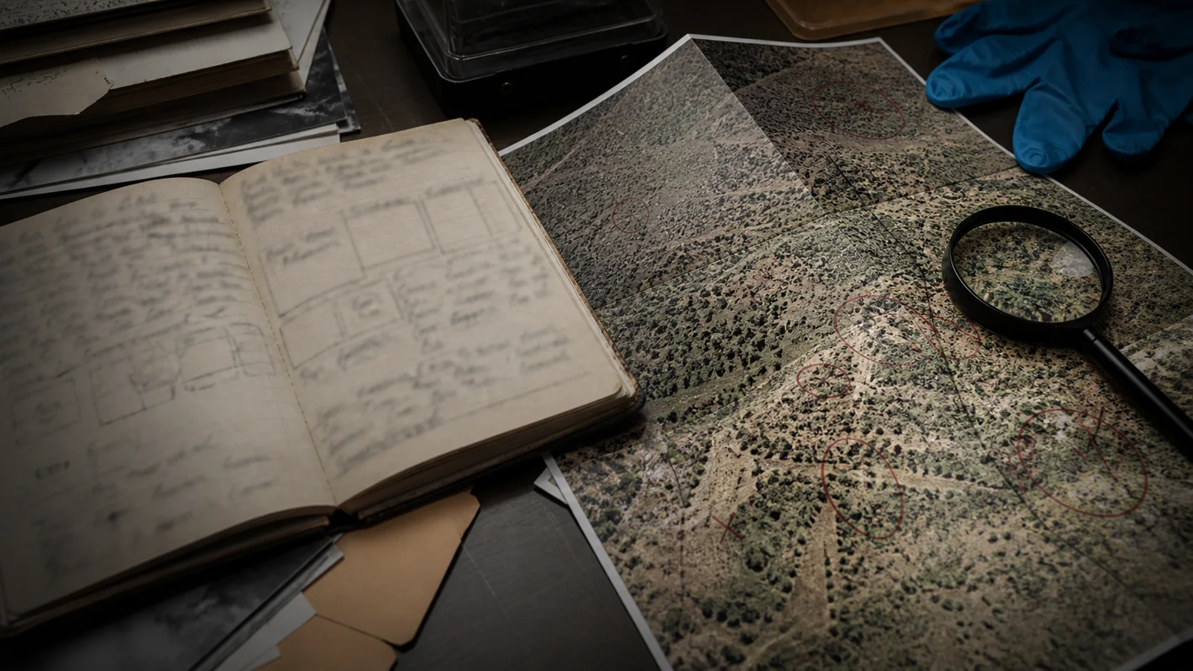 Open journal and aerial map beneath a magnifying glass and evidence gloves