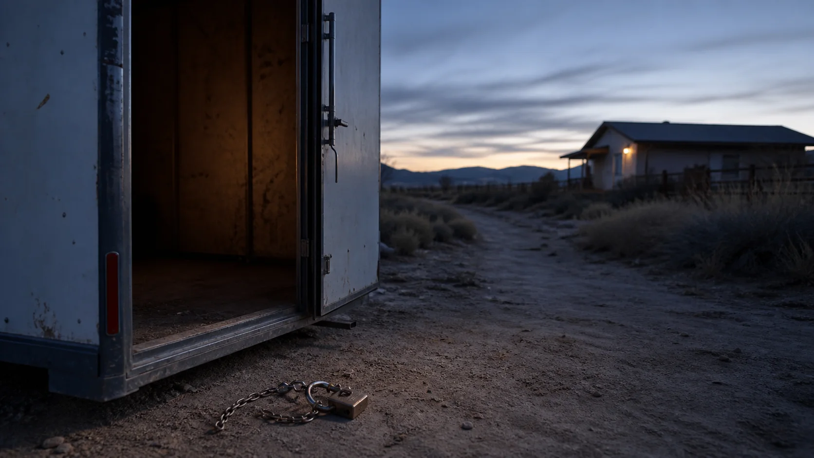 Open trailer door at dawn with a broken padlock and distant porch light