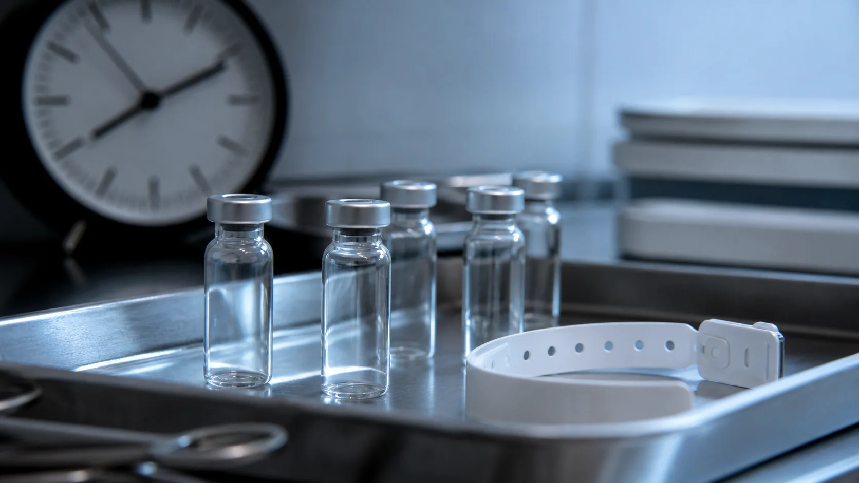 Sealed vials, blank hospital band, and clock in a forensic setting