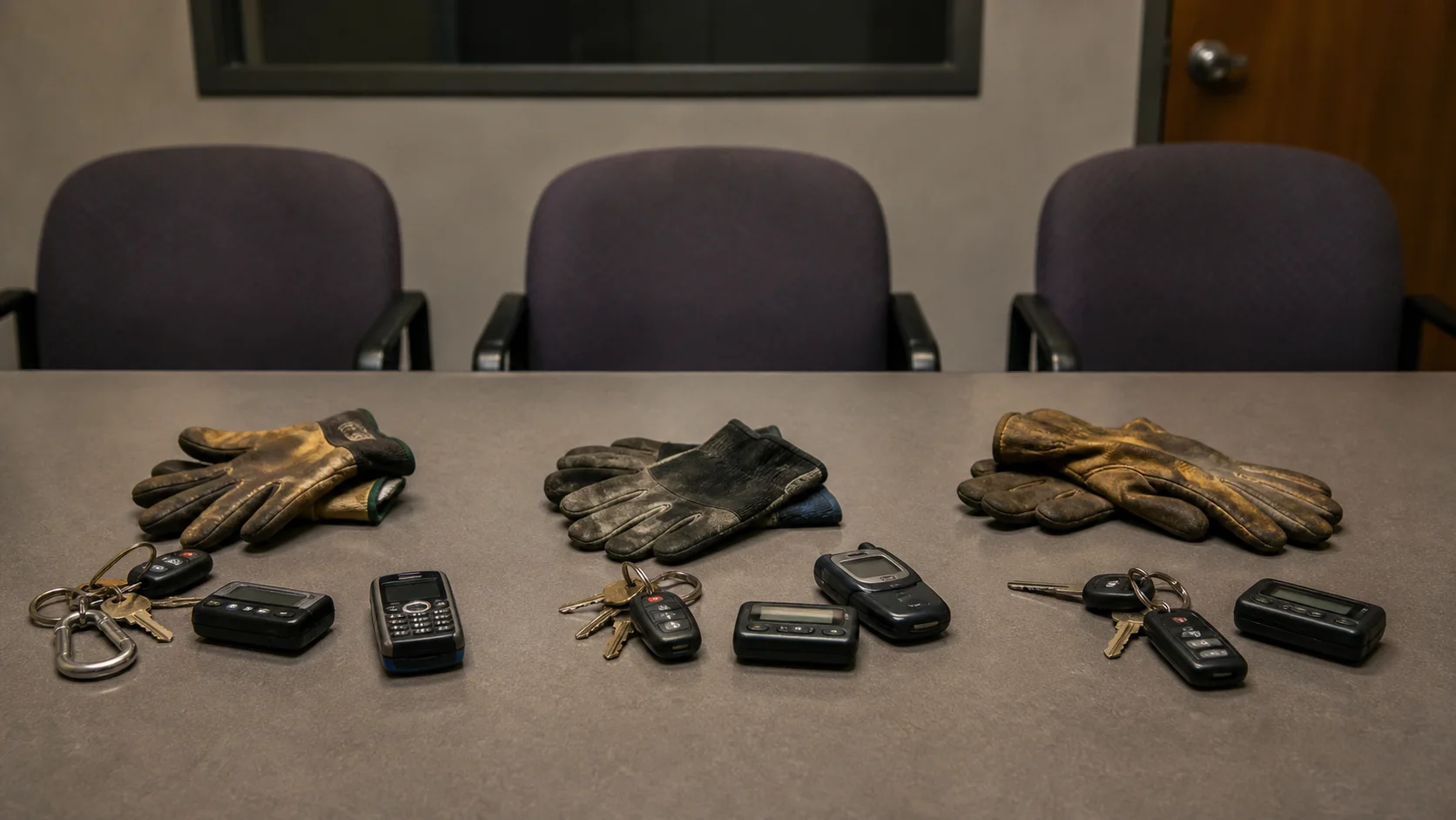 Three empty chairs with separate gloves, keys, pagers, and phones