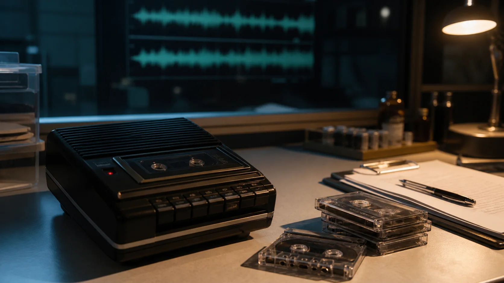 Cassette recorder and unlabeled audio tapes in an evidence-review setting