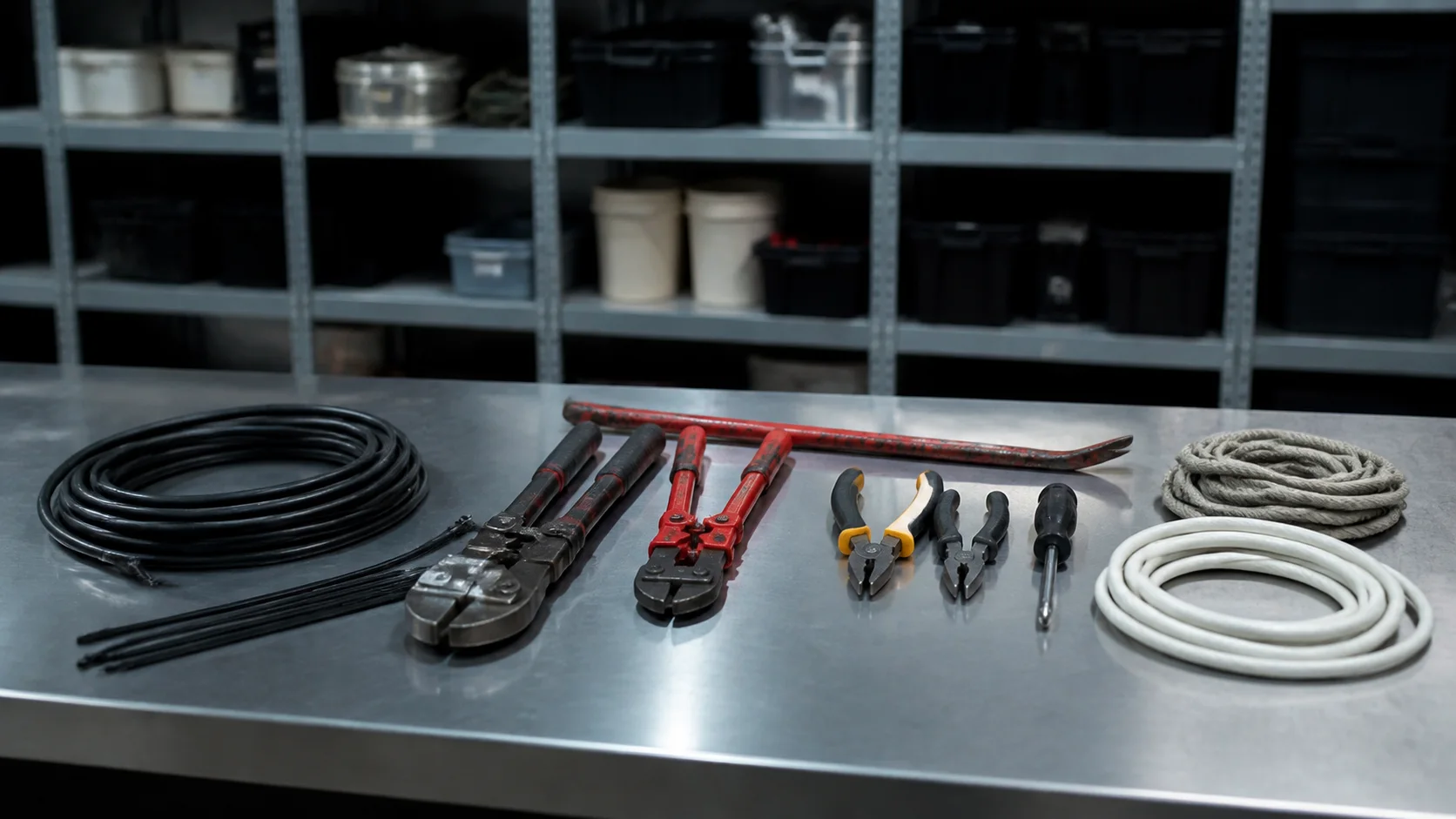 Unlabeled tools and hardware arranged on a documentary evidence table