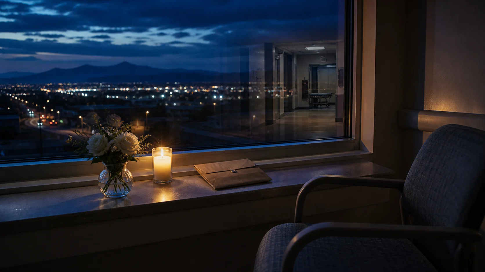 White flowers and a candle beside an empty hospital chair overlooking Moreno Valley at dusk