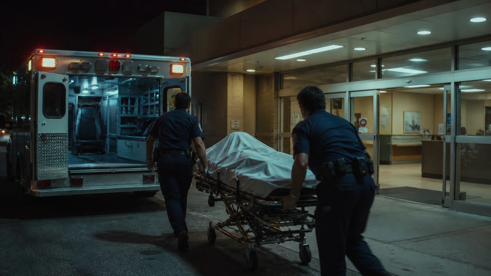 Paramedics rushing a fully covered, non-identifiable patient toward a California emergency room in 1994
