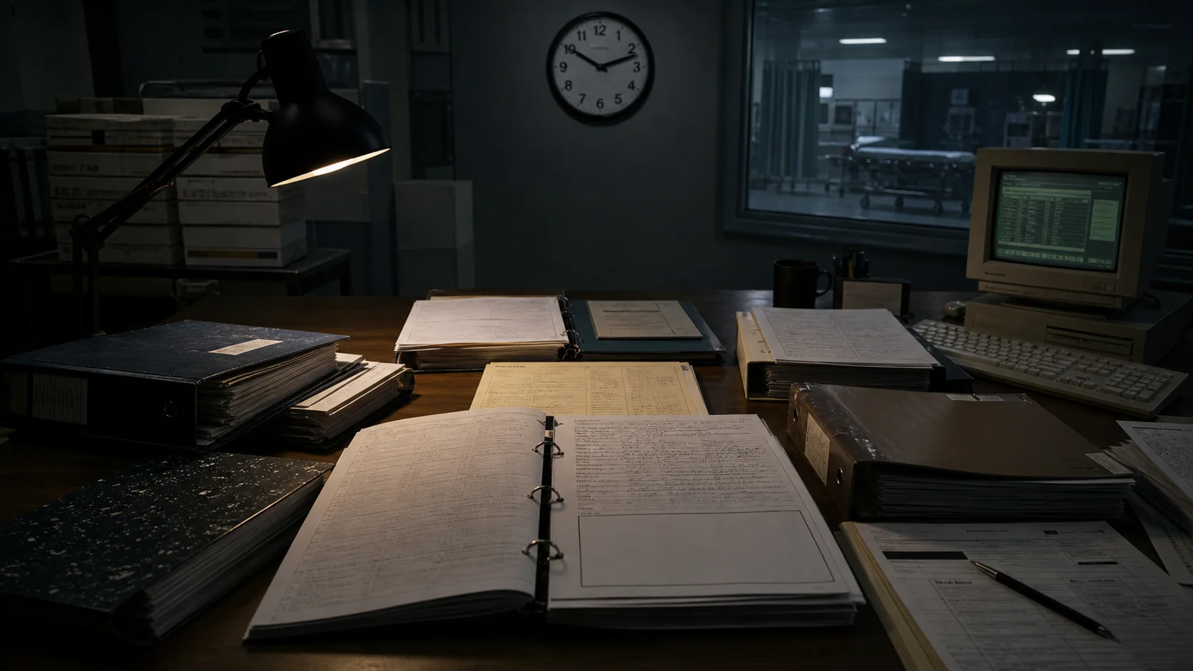 Medical archive filled with investigation binders and a report whose conclusion remains blank