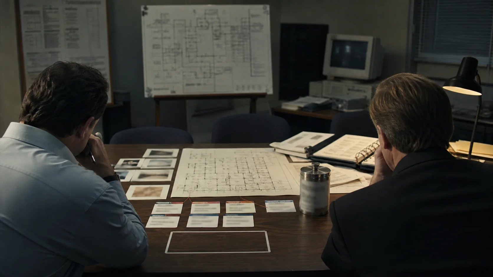 Investigators comparing an emergency room plan, ventilation records, samples, and an incomplete timeline