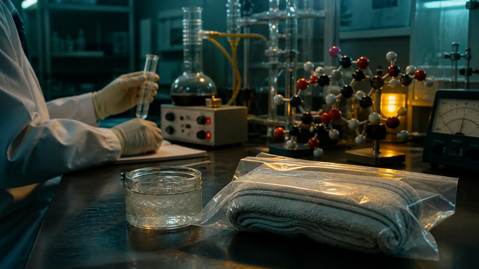 Unlabeled topical gel and household towel beside an incomplete forensic chemistry experiment