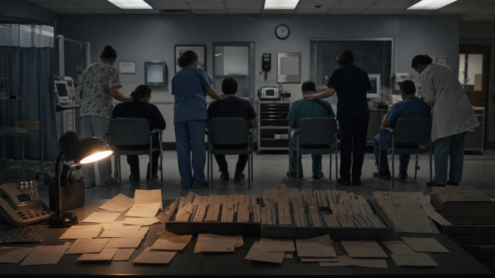 Hospital staff receiving care while a desk fills with incident intake cards