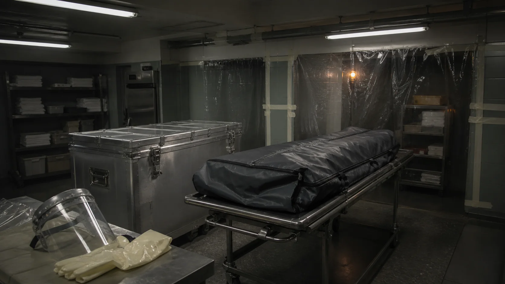 Protective mortuary bag and sealed metal transport container inside a controlled storage room