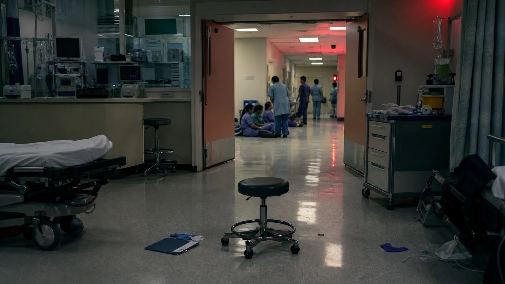 Evacuated 1994 emergency room with medical workers receiving assistance in the corridor