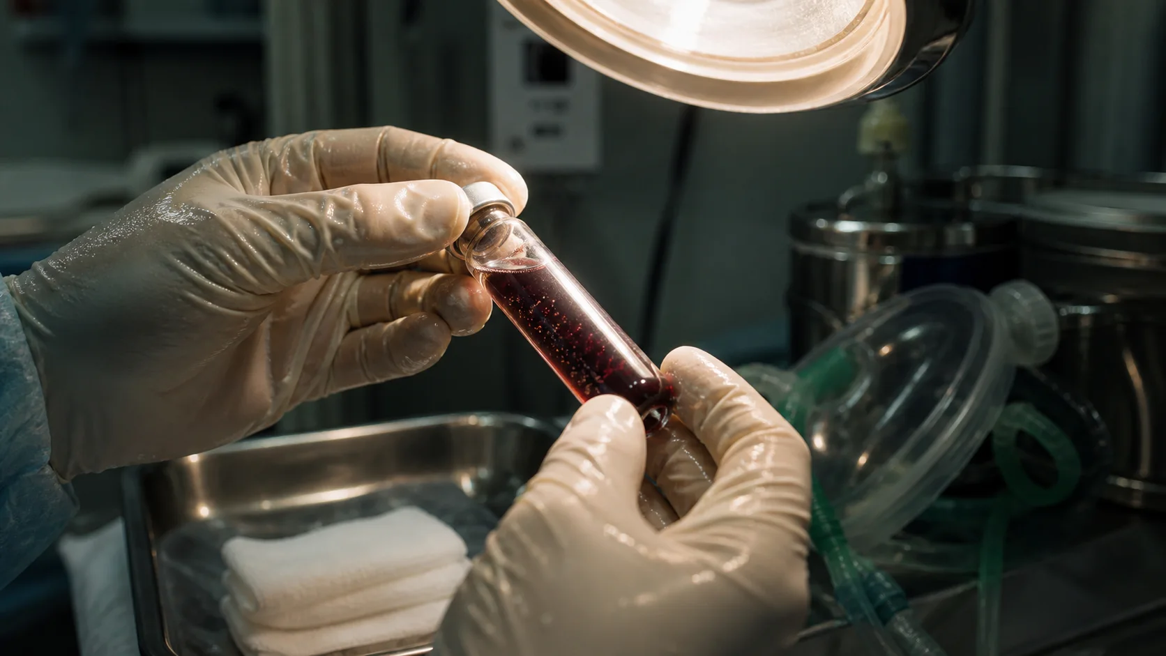 Gloved medical workers examining a blood vial containing unusual pale particles