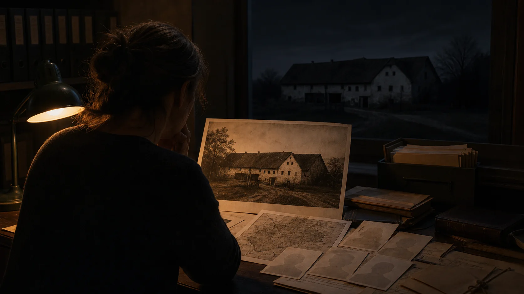 Researcher studying the unresolved Hinterkaifeck file beside a historical farm photograph