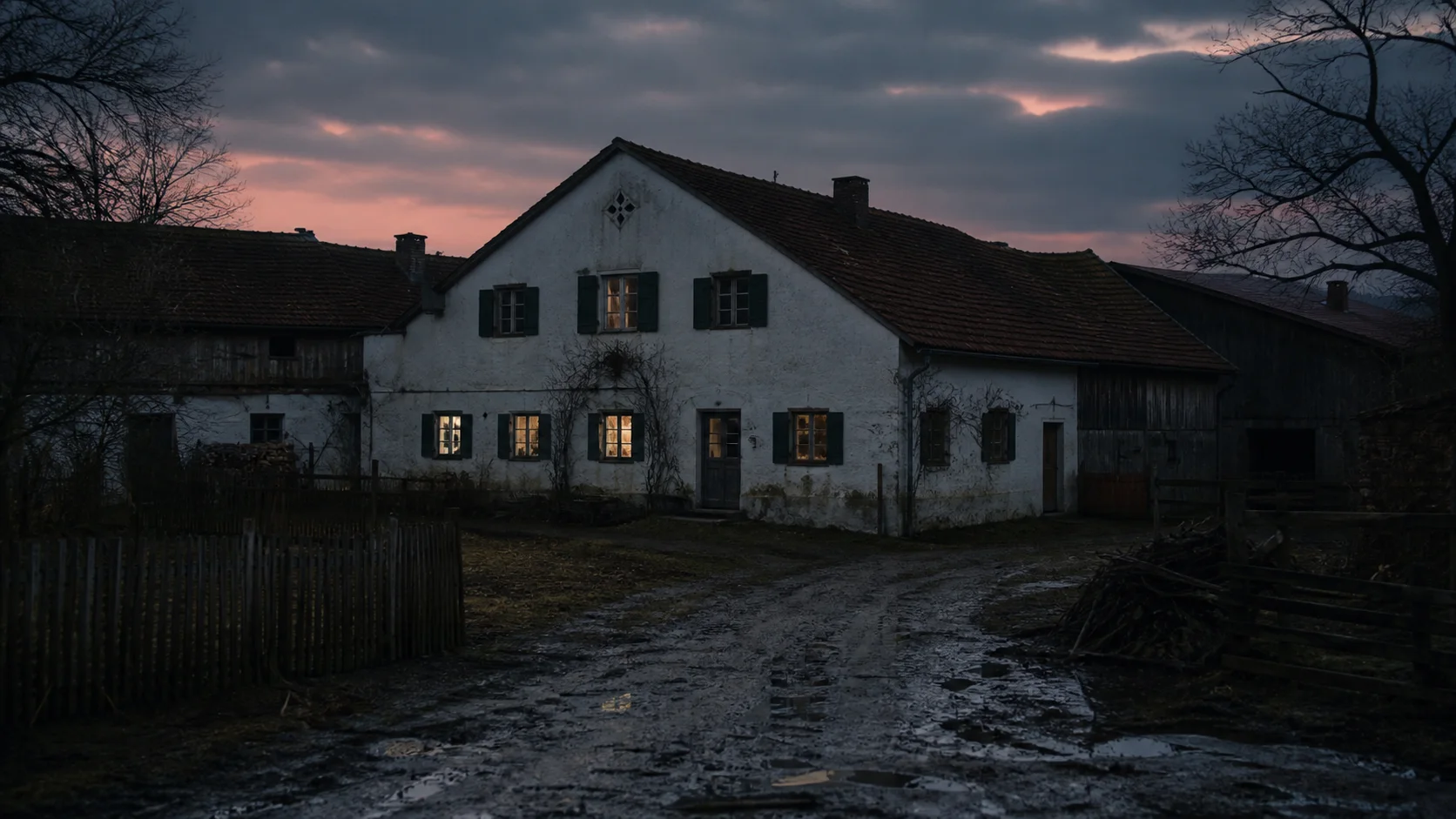 Isolated Hinterkaifeck farmstead at dusk in a respectful documentary reconstruction